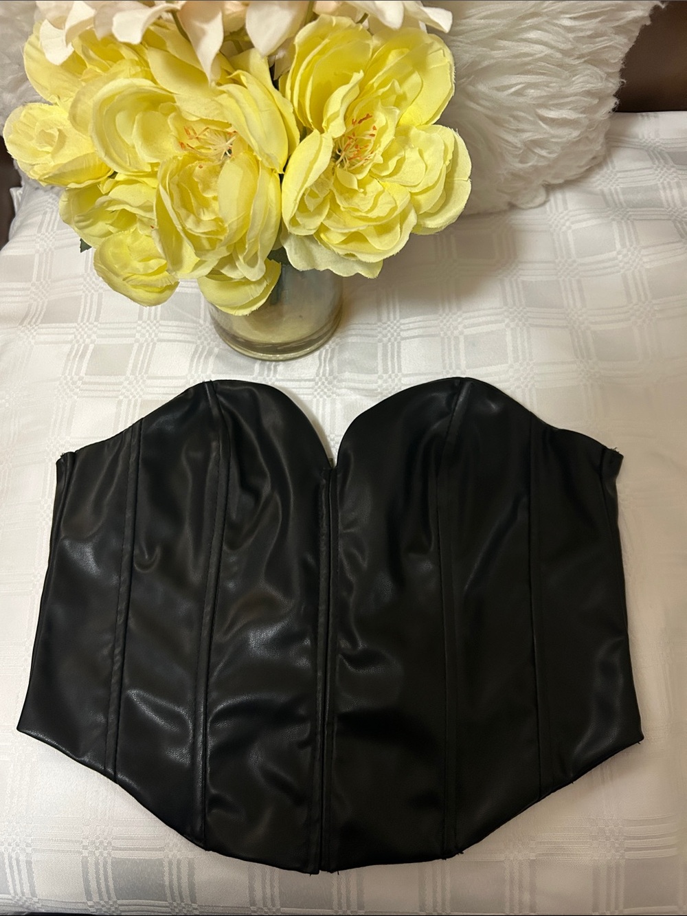 H&M Black Faux Leather Strapless Corset Crop Top